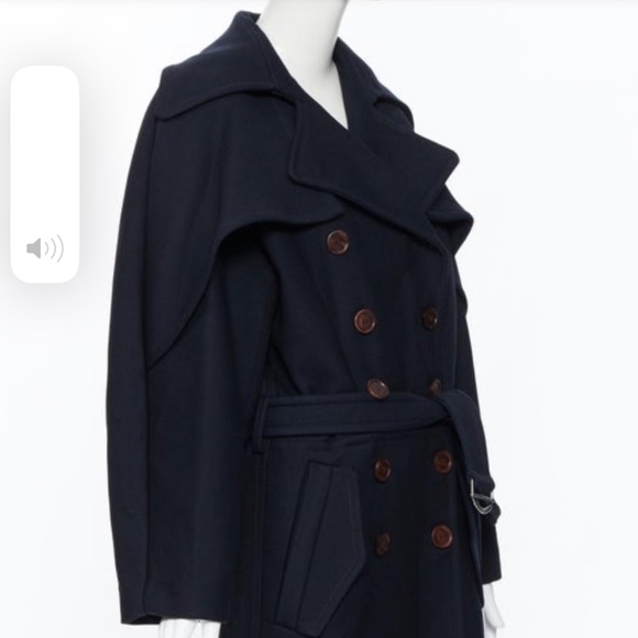CHLOE Iconic Navy wool Ruffle Front Double Breasted Trench Coat - Picture 3 of 16